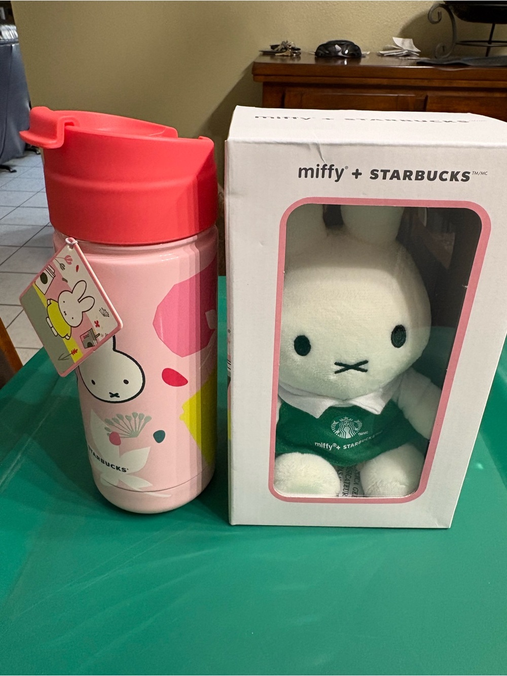 Starbucks Pink Water Bottle with White Miffy Plush in Green Apron